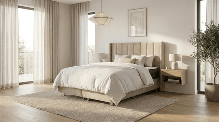 Lit coffre TOKYO en velours beige avec sommier et tête de lit inclus