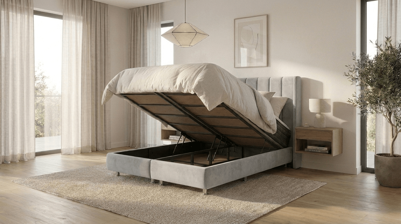 Lit coffre TOKYO en velours beige avec sommier et tête de lit inclus - TRUST INDUSTRIE - Gris - 140 x 190 cm - Sans matelas