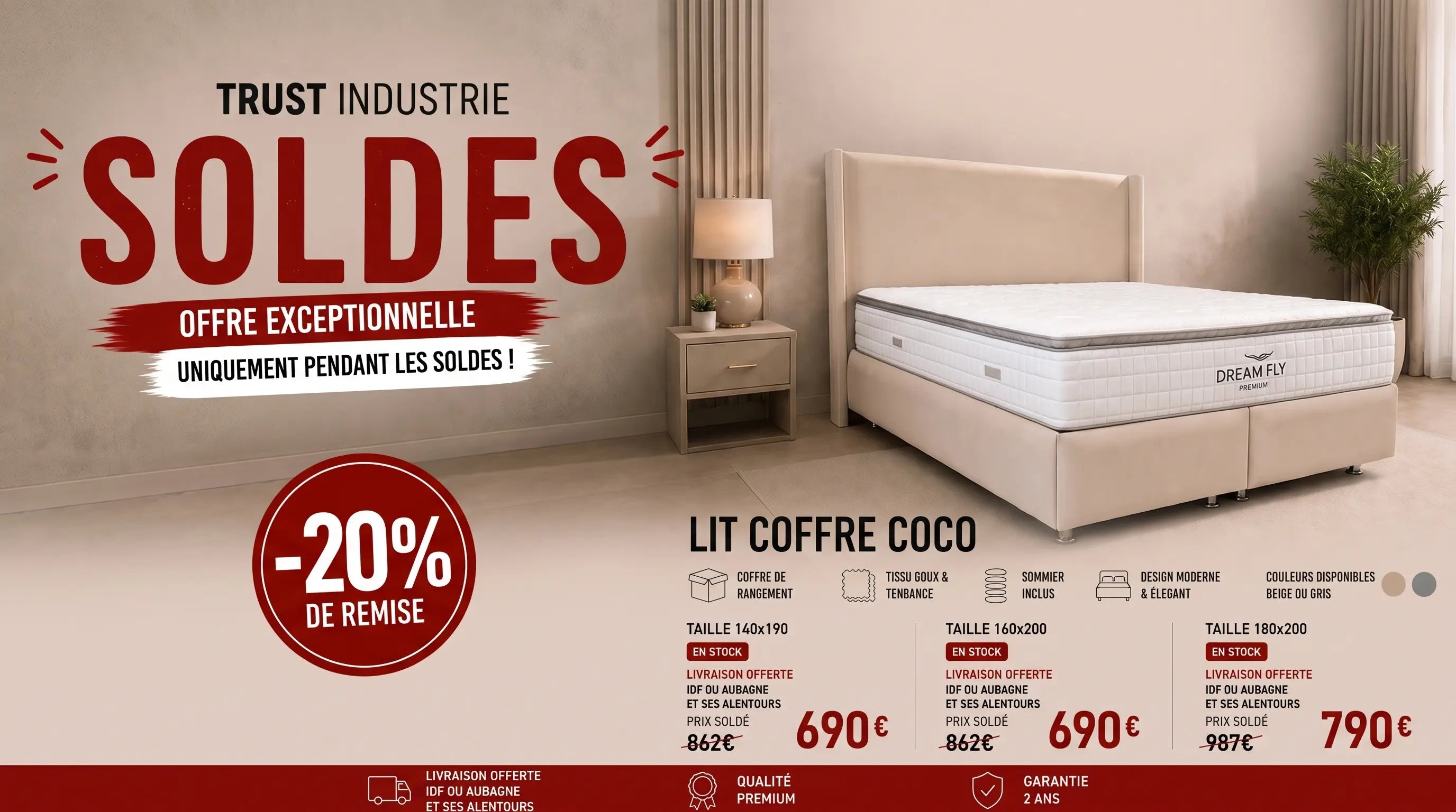 Lit coffre COCO en velours beige avec sommier et tête de lit inclus - TRUST INDUSTRIE - 140 x 190 cm - 160 x 200 cm - 180 x 200 cm - 
Sans matelas - Milan - Singapour - Dubai - Beige - Gris