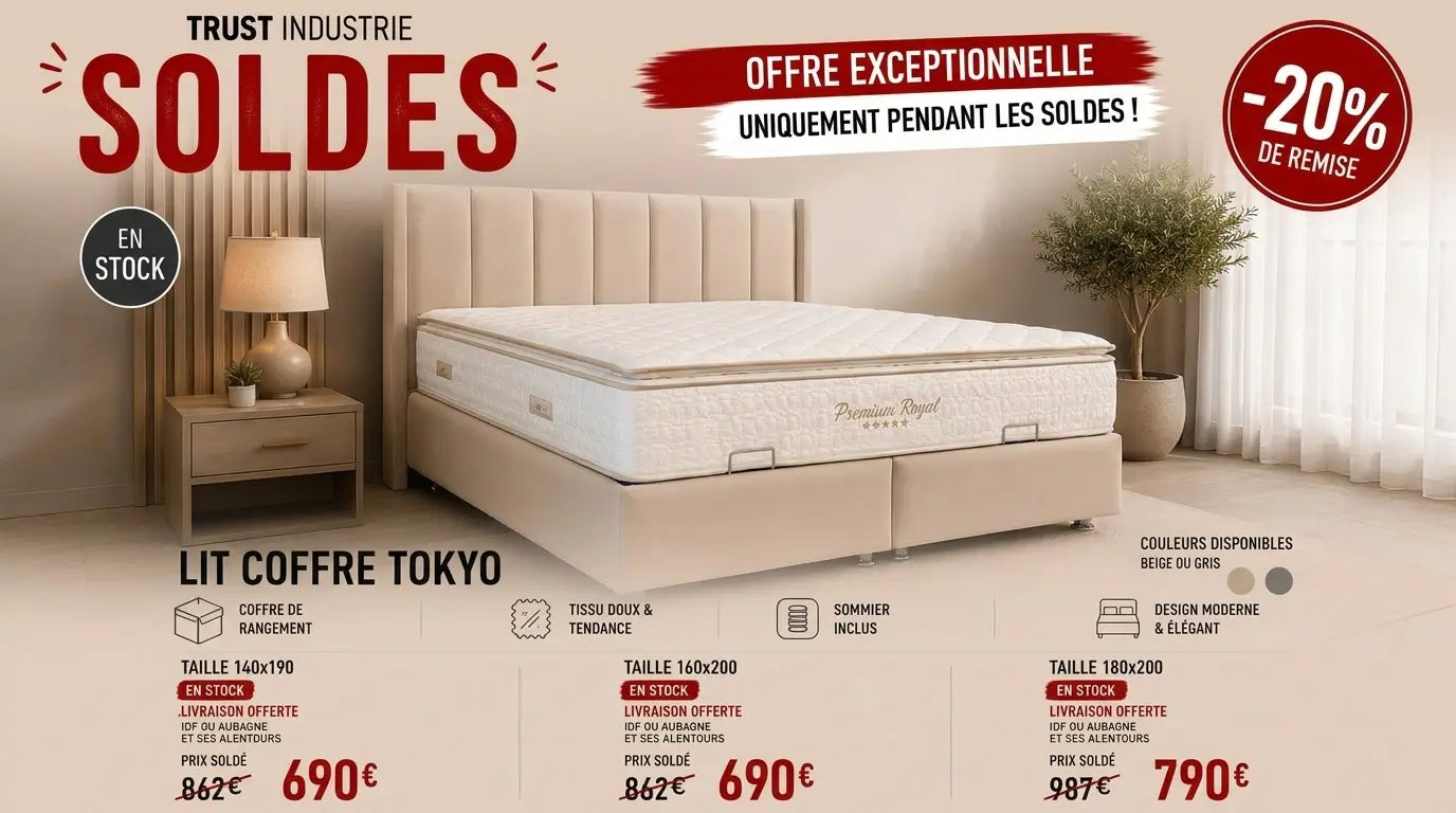 Lit coffre TOKYO en velours beige avec sommier et tête de lit inclus - TRUST INDUSTRIE - Beige - Gris - 140 x 190 cm - Sans matelas