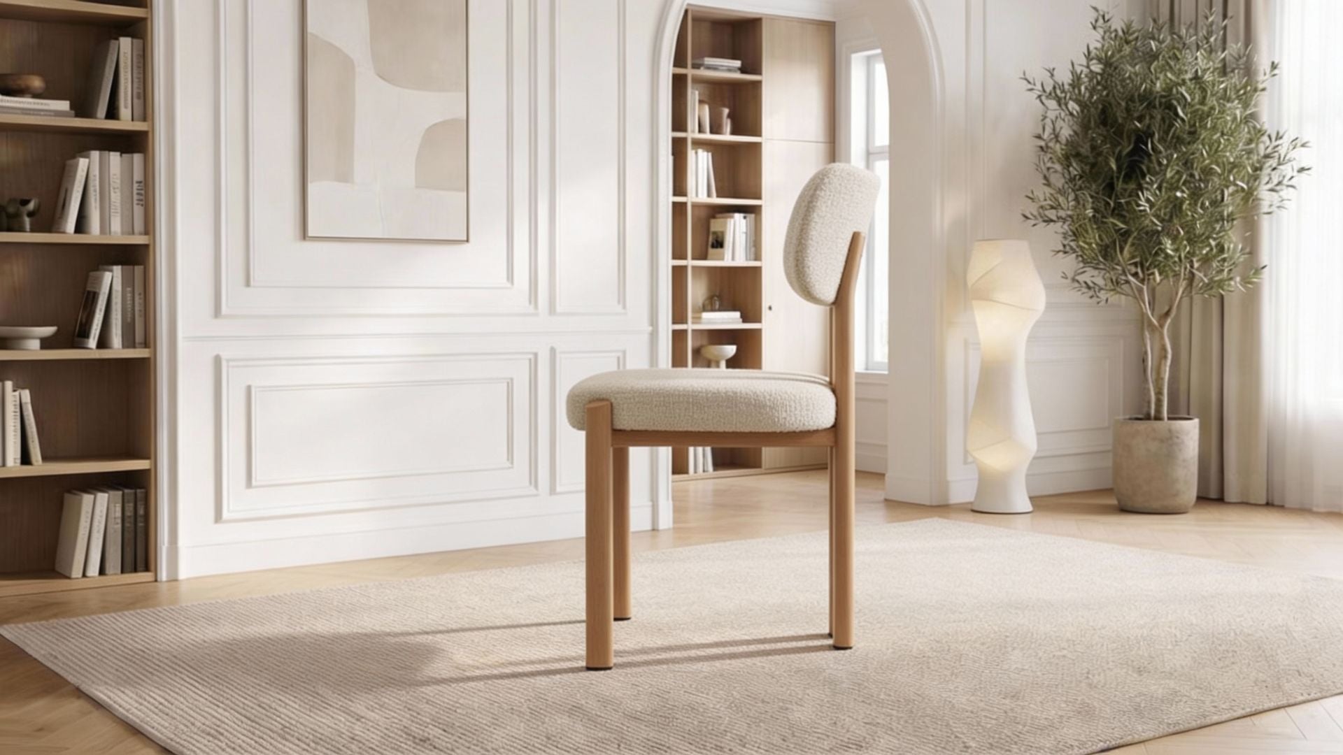 Lot de 2 chaises de salle à manger modernes HERA en tissu laine bouclé rembourré et pieds en bois - Trust Industrie - Effet bois de chêne - Chenille beige - 