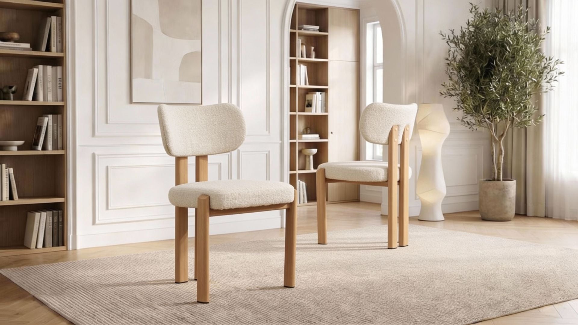 Lot de 2 chaises de salle à manger modernes HERA en tissu laine bouclé rembourré et pieds en bois - Trust Industrie - Effet bois de chêne - Chenille beige - 