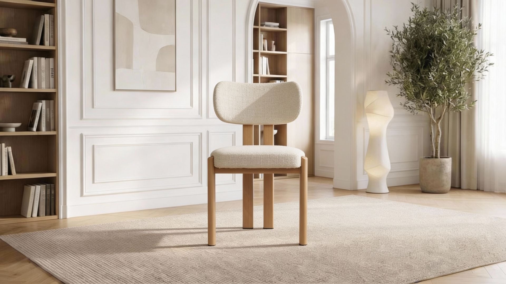 Lot de 2 chaises de salle à manger modernes HERA en tissu laine bouclé rembourré et pieds en bois - Trust Industrie - Effet bois de chêne - Chenille beige - 