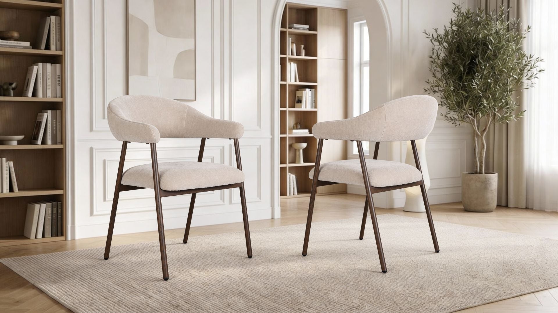 Lot de 2 chaises de salle à manger modernes OKURA en tissu tweed beige rembourré et pieds en métal effet bois - Trust Industrie - Effet bois noyer - Brun foncé - 