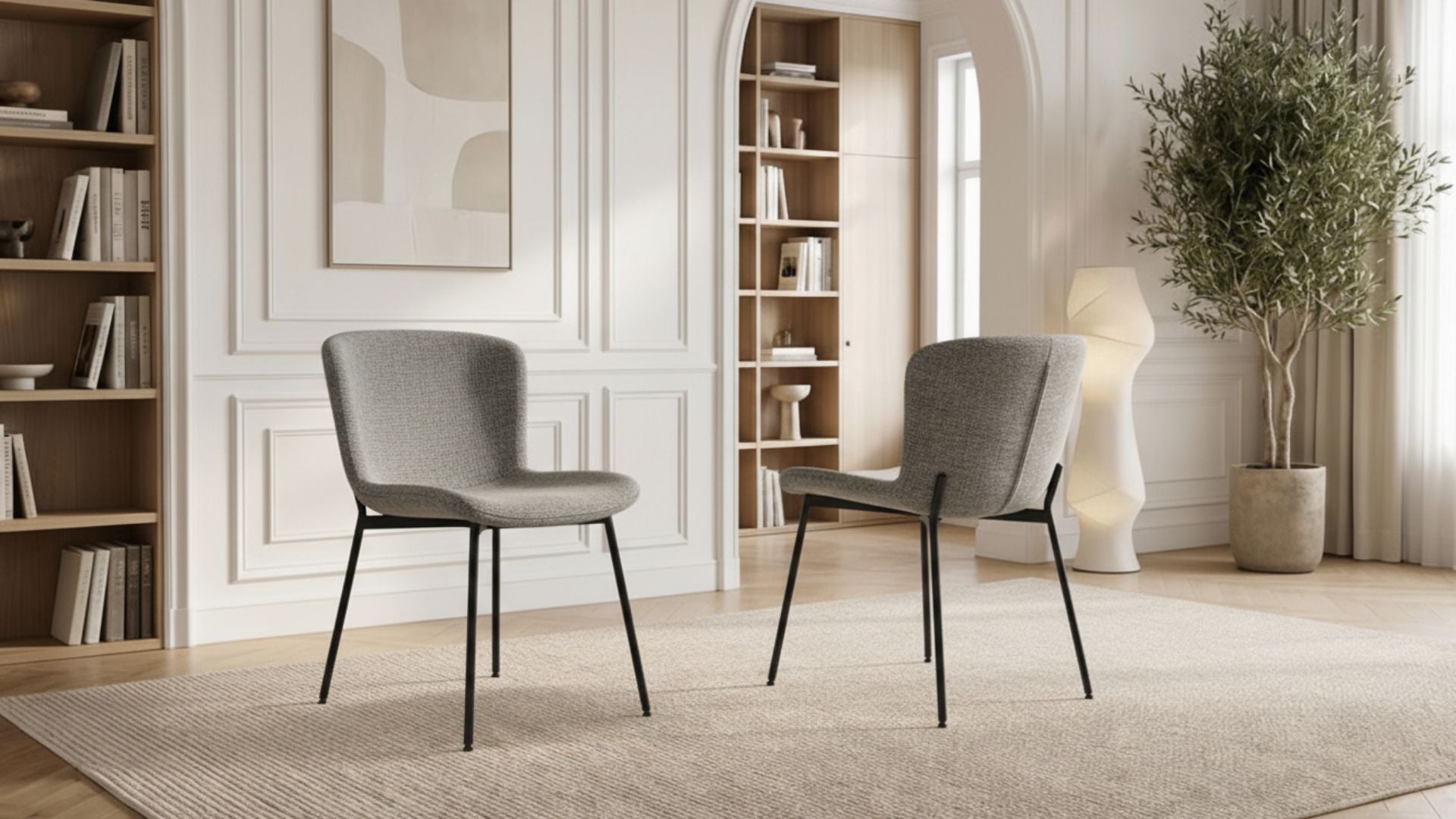 Lot de 2 chaises de salle à manger modernes RIYO en tissu tweed blanc rembourré et pieds noirs en acier - Trust Industrie - Noir - Écru - 