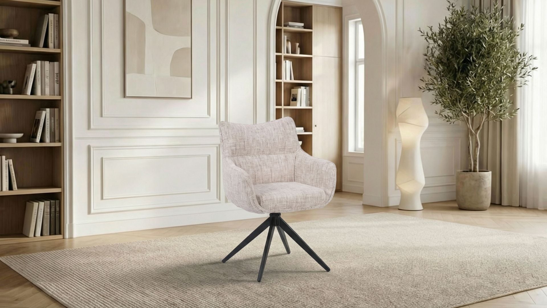 Lot de 2 chaises de salle à manger modernes rotative SELINO en tissu tweed beige et pieds noirs en acier - Trust Industrie - Noir - Écru - 