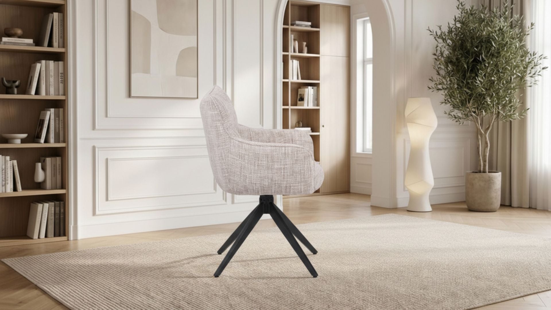 Lot de 2 chaises de salle à manger modernes rotative SELINO en tissu tweed beige et pieds noirs en acier - Trust Industrie - Noir - Écru - 