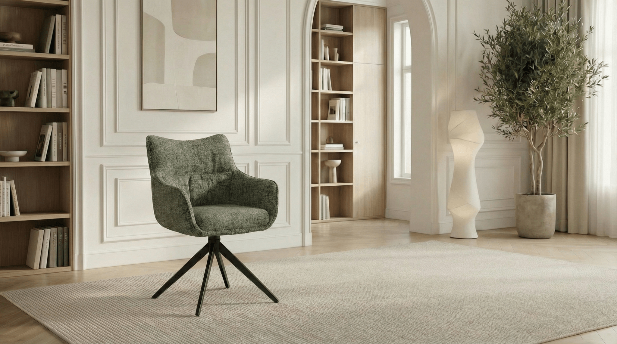 Lot de 2 chaises de salle à manger modernes rotative SELINO en tissu tweed beige et pieds noirs en acier - TRUST INDUSTRIE - Noir - Gris vert - 