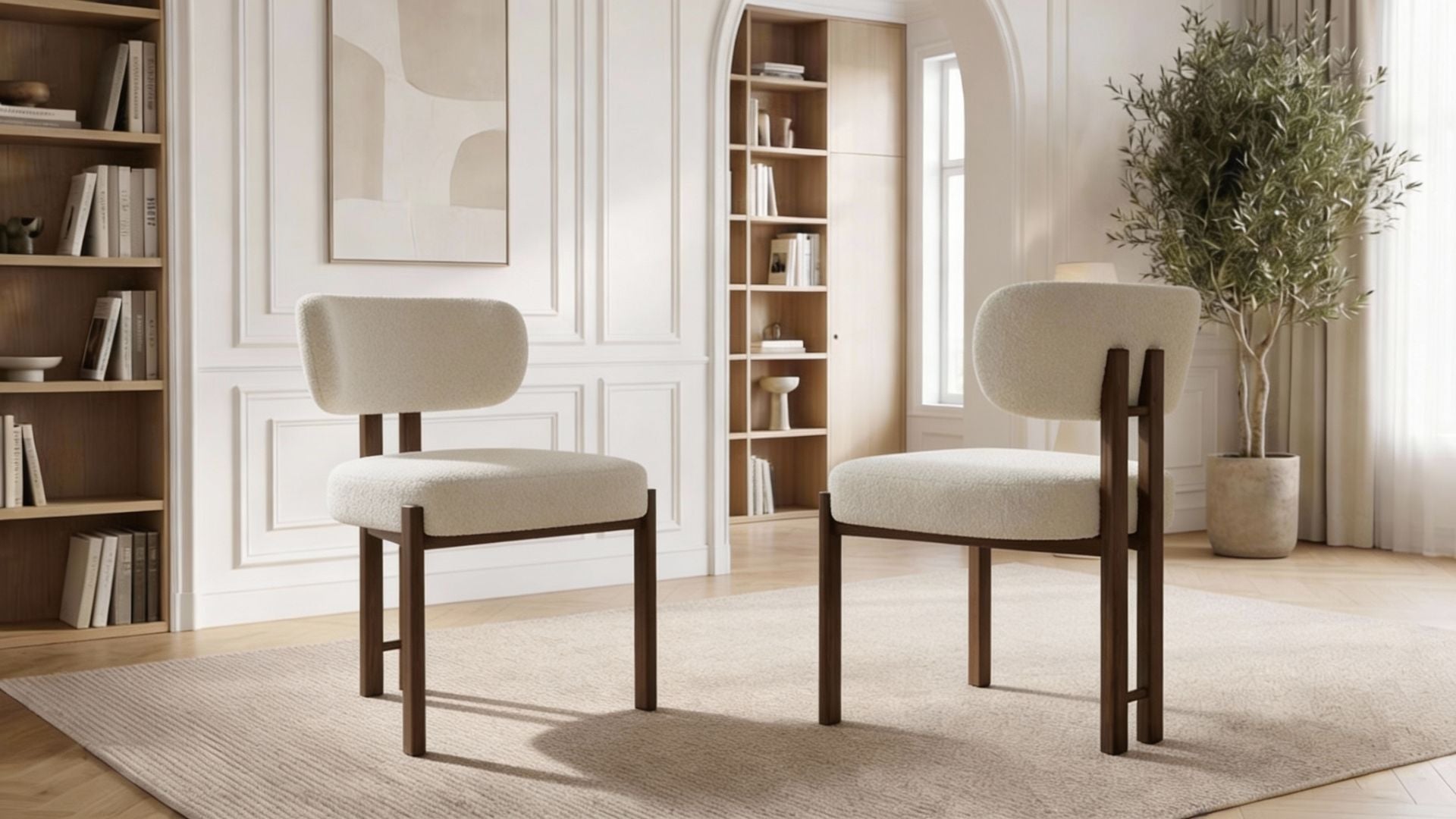 Lot de 2 chaises de salle à manger modernes SYLVIA en tissu blanc rembourré et pieds en métal effet bois - Trust Industrie - Effet bois noyer - Écru - 