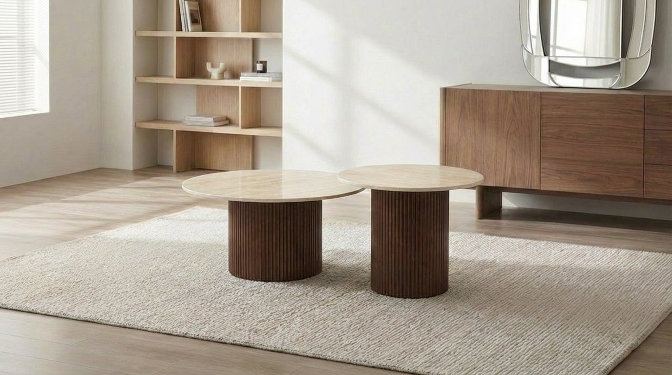 Lot de 2 tables basses bois gigognes MINA avec plateaux bois design - TRUST INDUSTRIE - Céramique travertin mat - Effet travertin - 