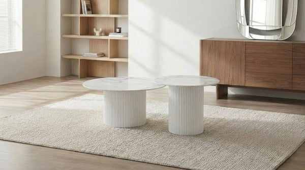 Lot de 2 tables basses bois gigognes MINA avec plateaux bois design - TRUST INDUSTRIE - Céramique marbré blanc - Blanc - 