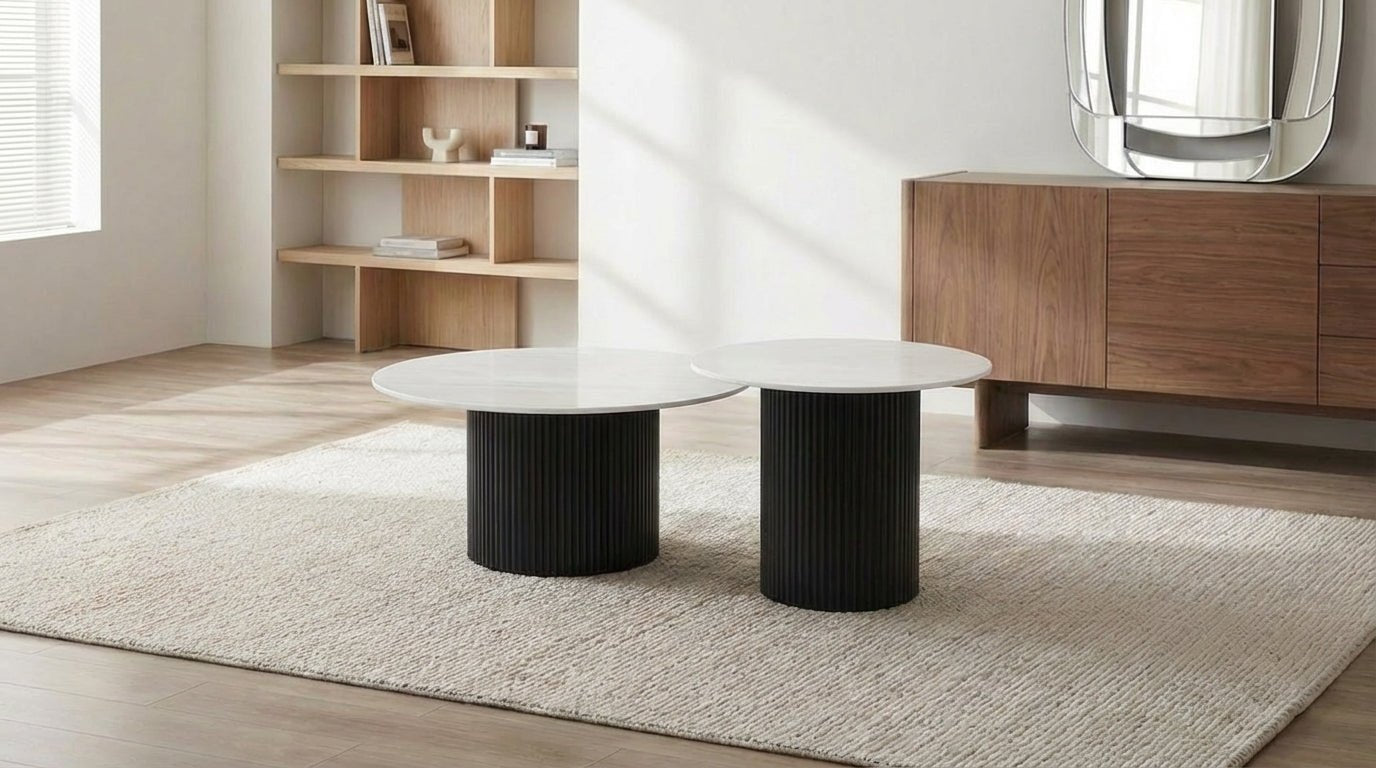 Lot de 2 tables basses bois gigognes MINA avec plateaux bois design - TRUST INDUSTRIE - Céramique bois blanc - Noir - 