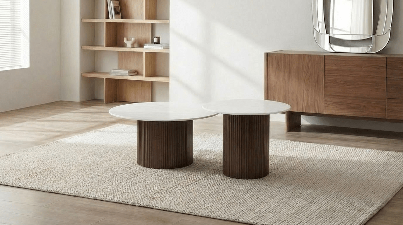 Lot de 2 tables basses bois gigognes MINA avec plateaux bois design - TRUST INDUSTRIE - Céramique travertin mat - Noyer - 