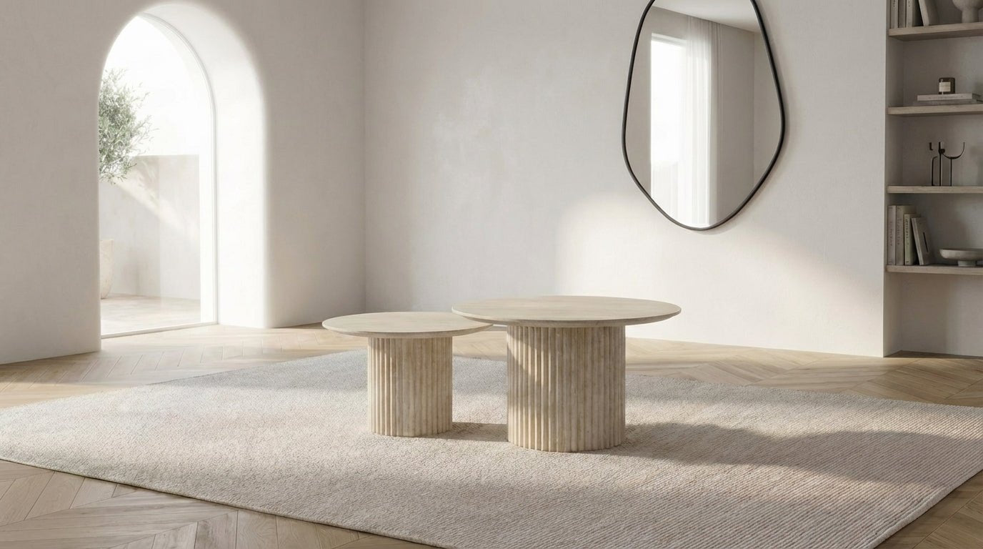 Lot de 2 tables basses bois gigognes PILA avec plateaux bois ronds - TRUST INDUSTRIE - Effet TRAVERTIN