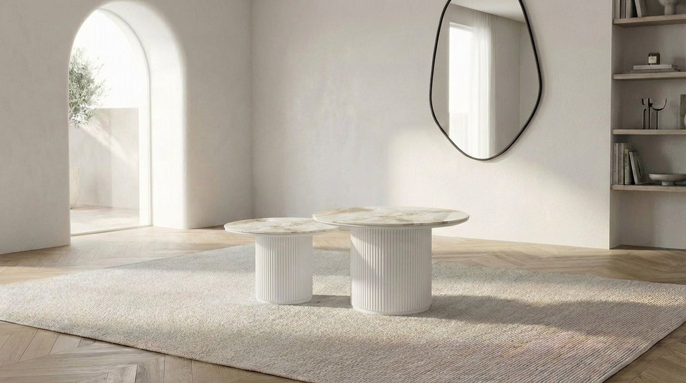 Lot de 2 tables basses bois gigognes PILA avec plateaux céramique ronds - TRUST INDUSTRIE - beige 