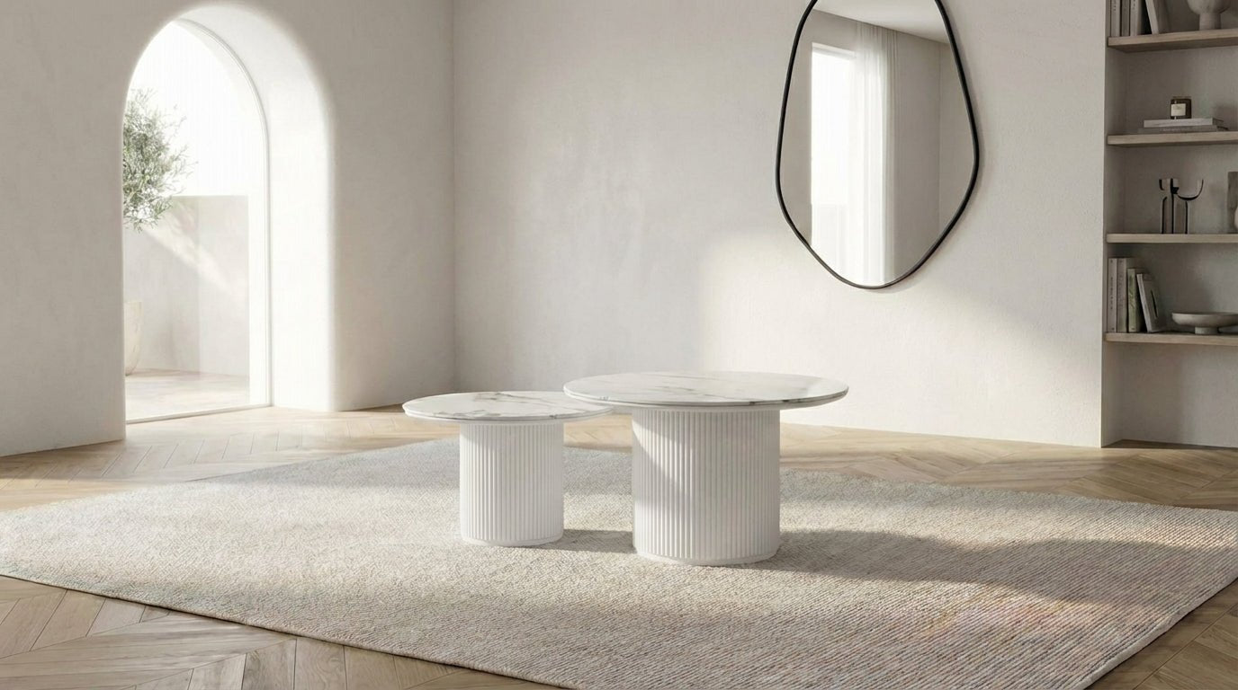 Lot de 2 tables basses bois gigognes PILA avec plateaux céramique ronds - TRUST INDUSTRIE - blanc 