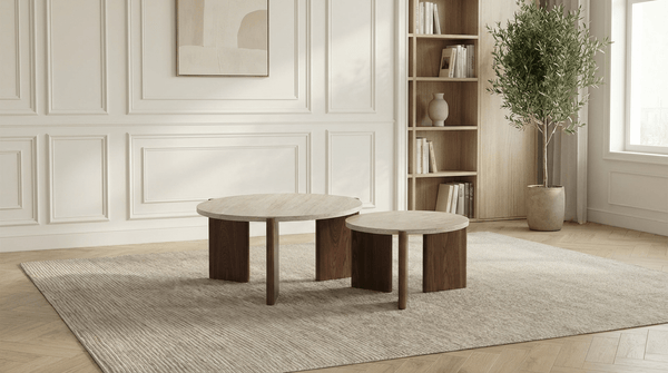 Lot de 2 tables basses bois gigognes ZORA avec plateaux ronds effet travertin - TRUST INDUSTRIE - Effet travertin - Effet bois noyer - 
