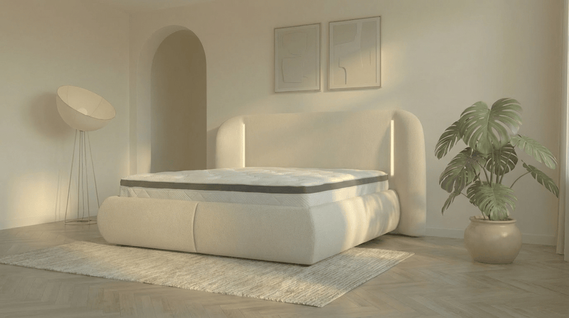 Lit coffre 160X190 cm LUNEA en tissu blanc écru avec sommier et tête de lit inclus