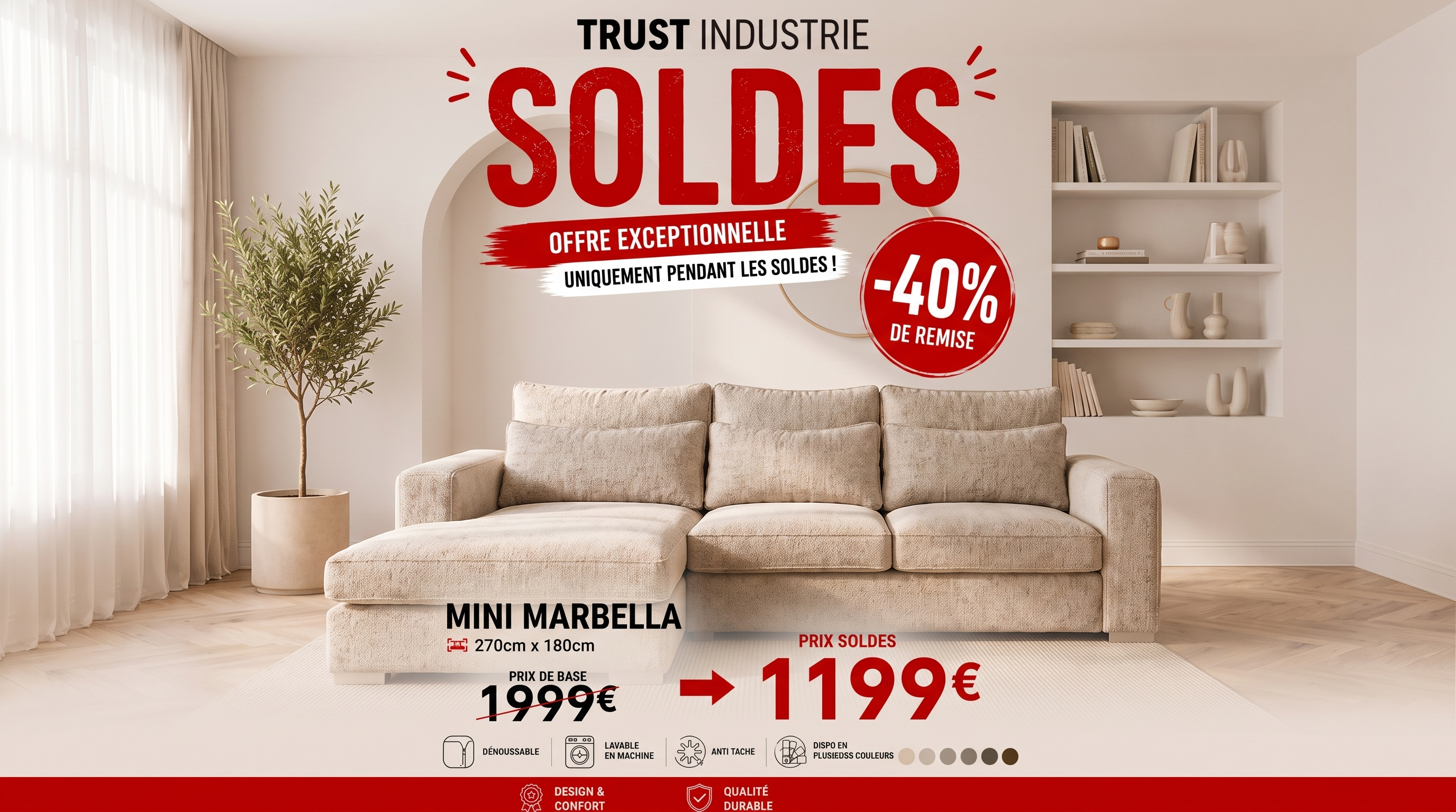 Canapé d'angle déhoussable 5 places MINI MARBELLA en tweed
