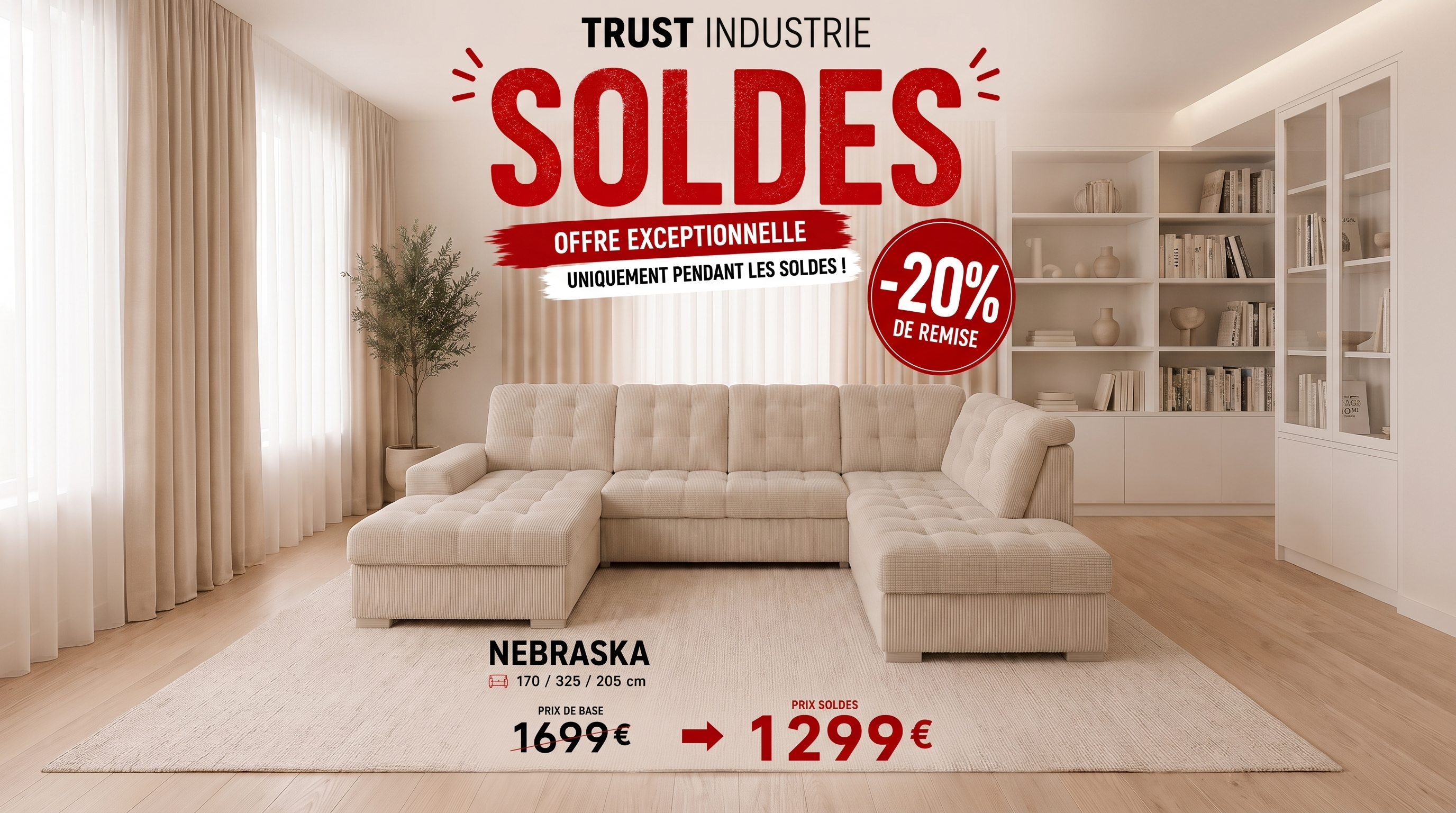 Canapé panoramique 7 places NEBRASKA en velours côtelé avec coffres