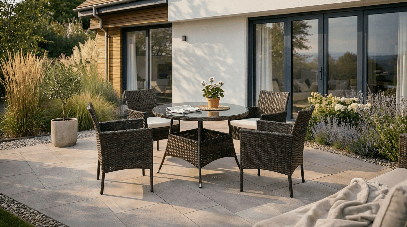 Salon de jardin AZUL en résine tressée marron et coussins beige - TRUST INDUSTRIE - 