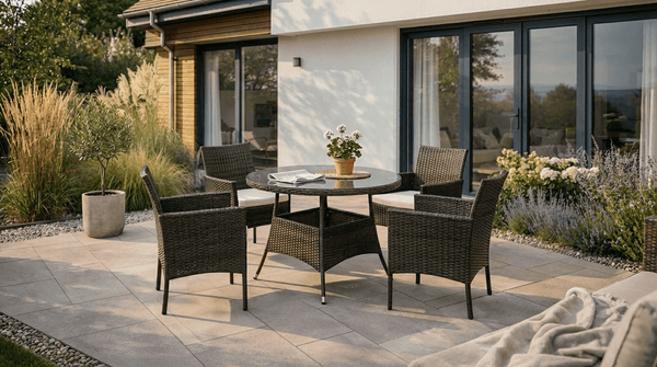 Salon de jardin AZUL en résine tressée marron et coussins beige - TRUST INDUSTRIE - 