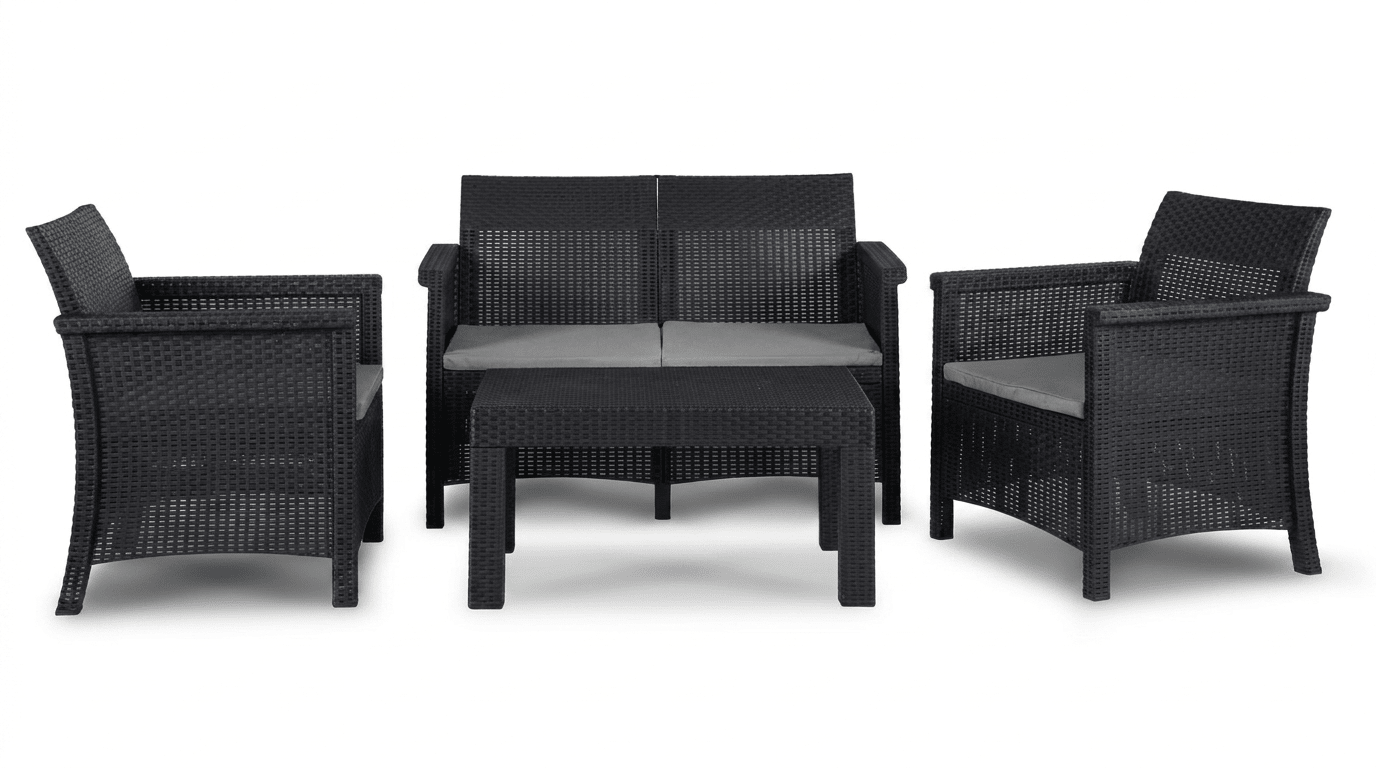 Salon de jardin BRENTA en résine tressée noir avec coussins gris - TRUST INDUSTRIE - 