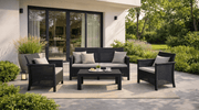 Salon de jardin BRENTA en résine tressée noir avec coussins gris - TRUST INDUSTRIE - 