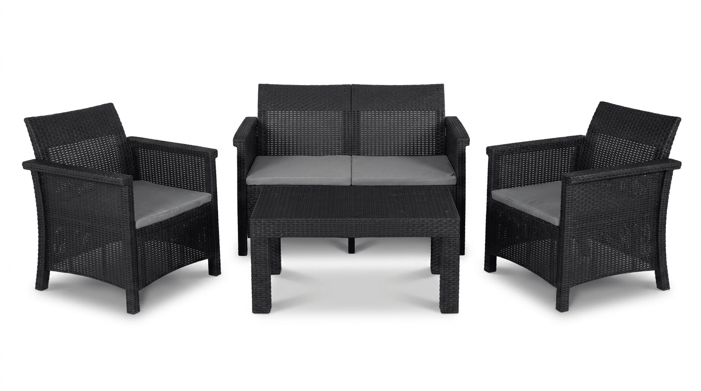 Salon de jardin BRENTA en résine tressée noir avec coussins gris - TRUST INDUSTRIE - 
