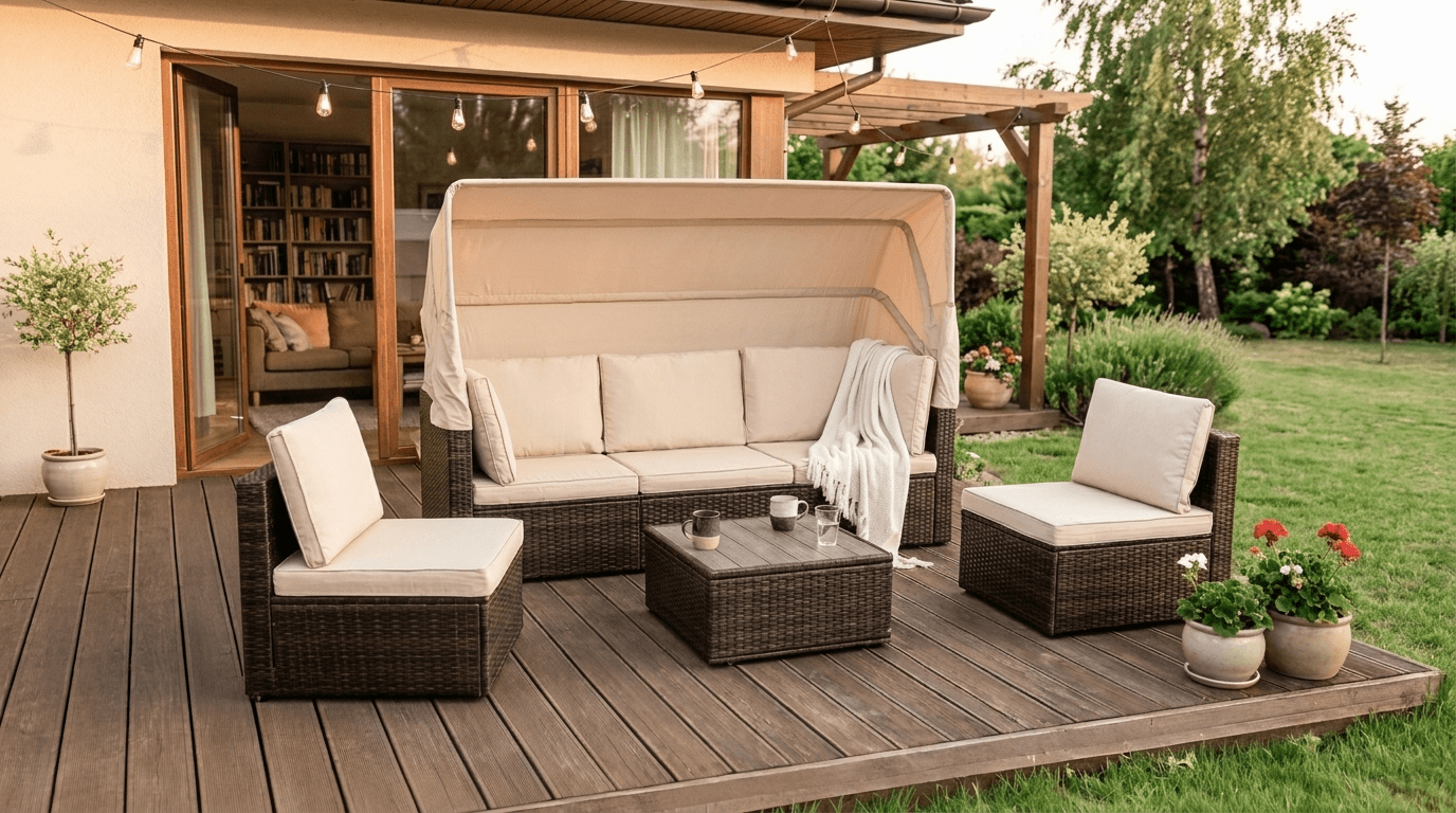 Salon de jardin CALIENTE en technorattan avec coussins - TRUST INDUSTRIE - Beige - 