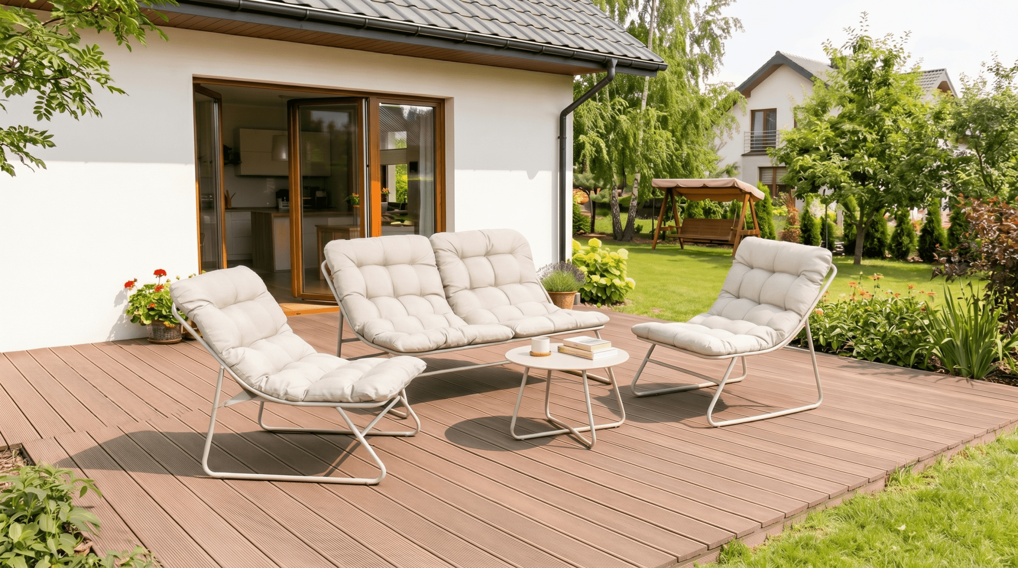 Salon de jardin MEGARA avec table ronde design - TRUST INDUSTRIE - Beige - 