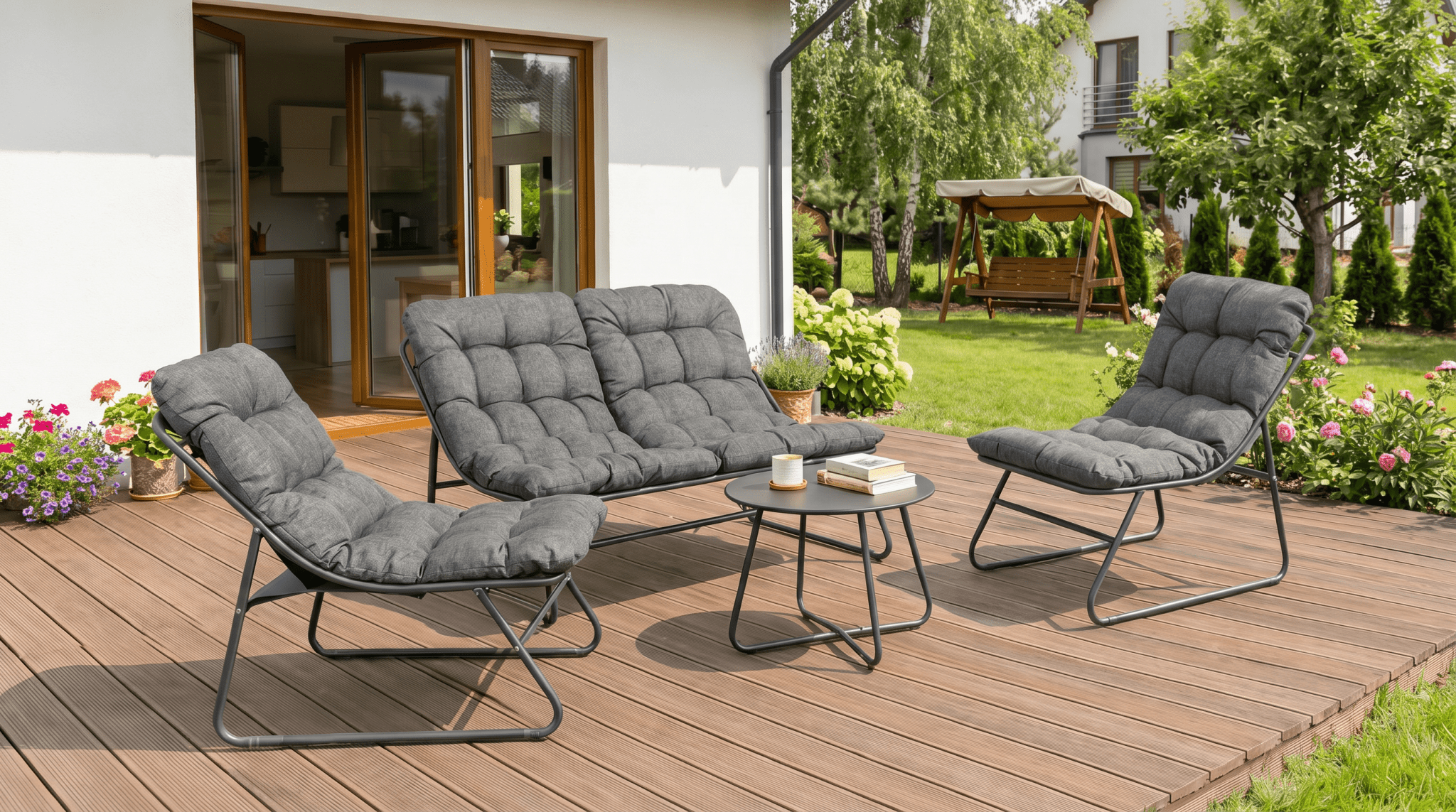Salon de jardin MEGARA avec table ronde design - TRUST INDUSTRIE - Gris - 