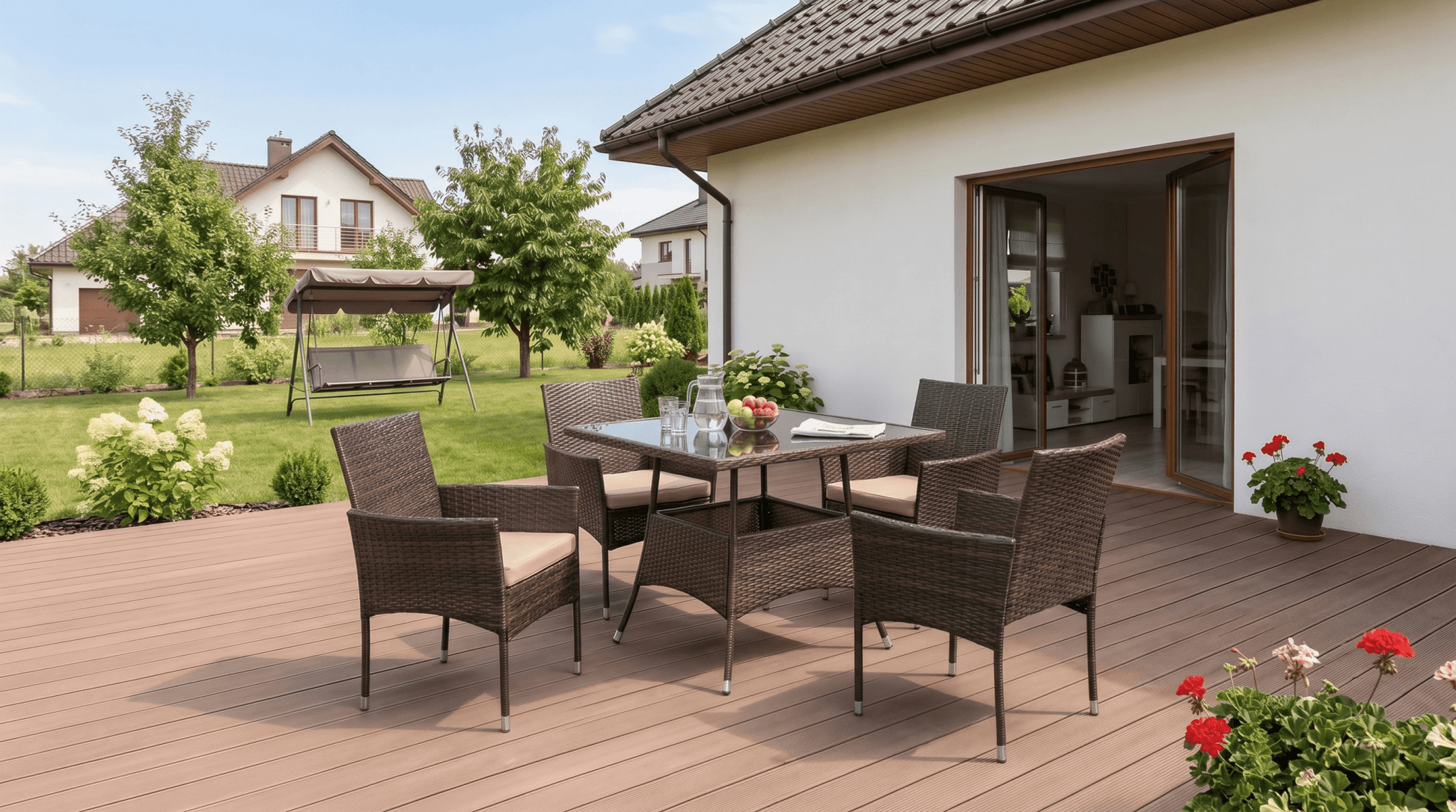 Salon de jardin MORADO en résine tressée marron et coussins beige - TRUST INDUSTRIE - 