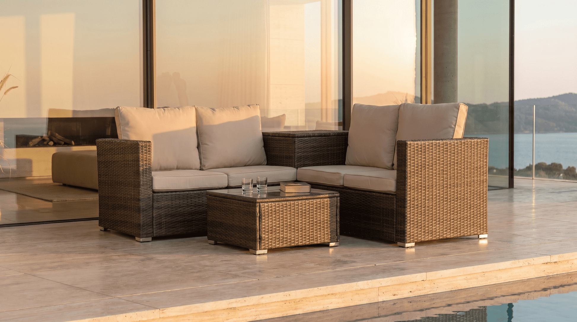 Salon de jardin NEGROIT en technorattan marron avec coussins beige - TRUST INDUSTRIE - 