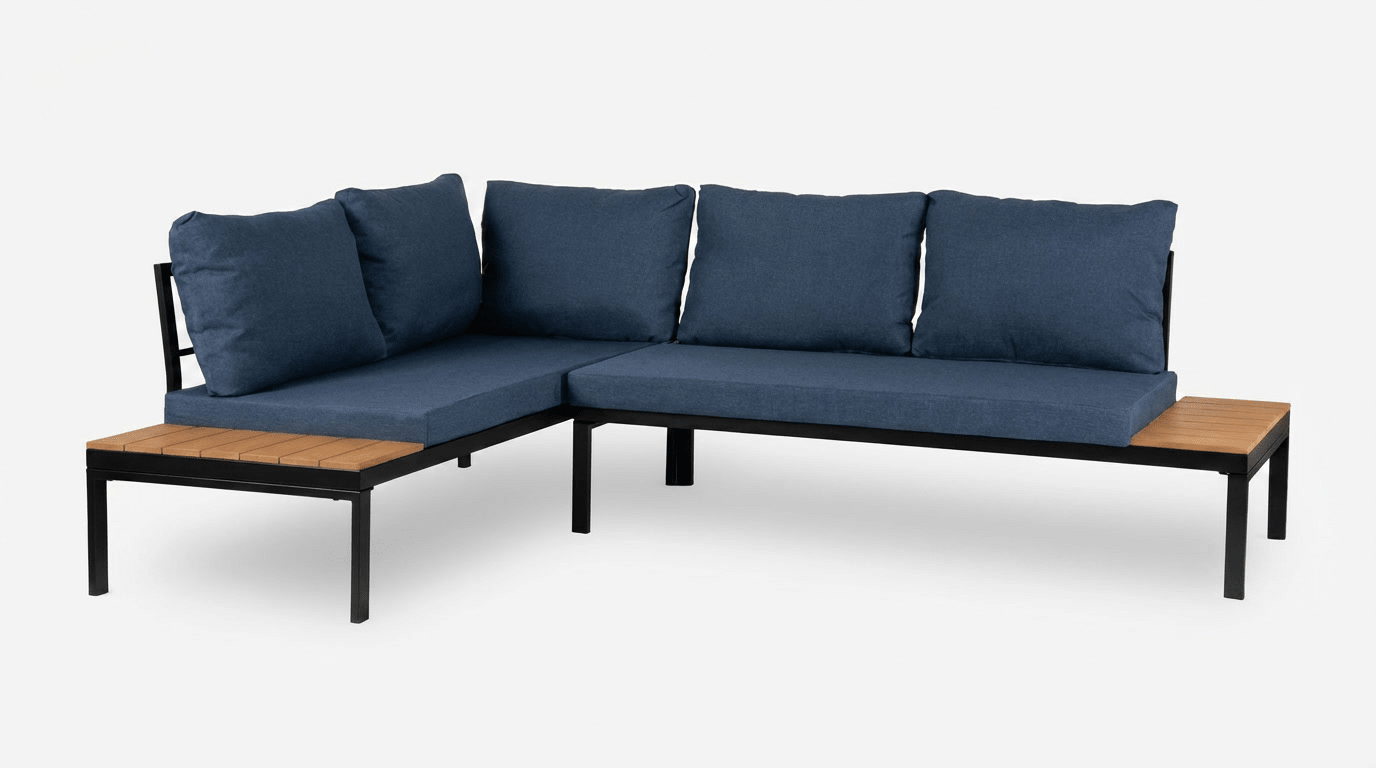 Salon de jardin NORMAN en métal noir avec coussins bleu - TRUST INDUSTRIE - 