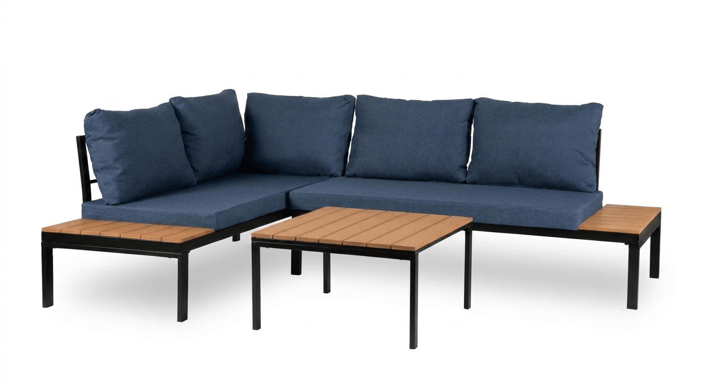 Salon de jardin NORMAN en métal noir avec coussins bleu - TRUST INDUSTRIE - 