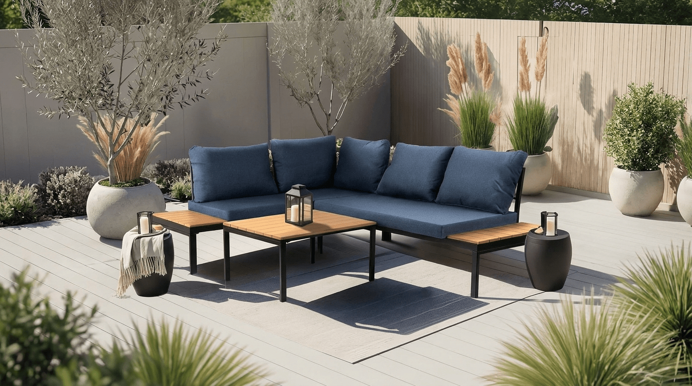 Salon de jardin NORMAN en métal noir avec coussins bleu - TRUST INDUSTRIE - 