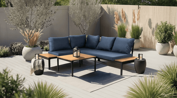 Salon de jardin NORMAN en métal noir avec coussins bleu - TRUST INDUSTRIE - 