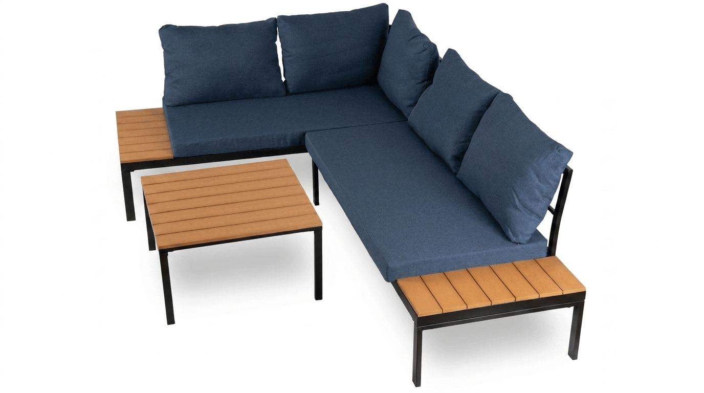 Salon de jardin NORMAN en métal noir avec coussins bleu - TRUST INDUSTRIE - 