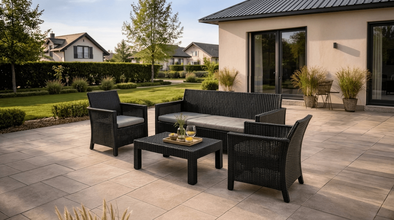 Salon de jardin SAVIO en résine tressée noir avec coussins gris - TRUST INDUSTRIE - 