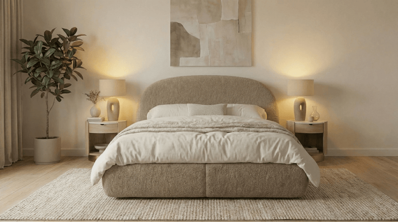 Lit coffre 160X190 cm STELLIA en tissu beige avec sommier et tête de lit inclus