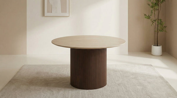 Table à manger BAIETA avec un plateau effet travertin ronde design - TRUST INDUSTRIE - 