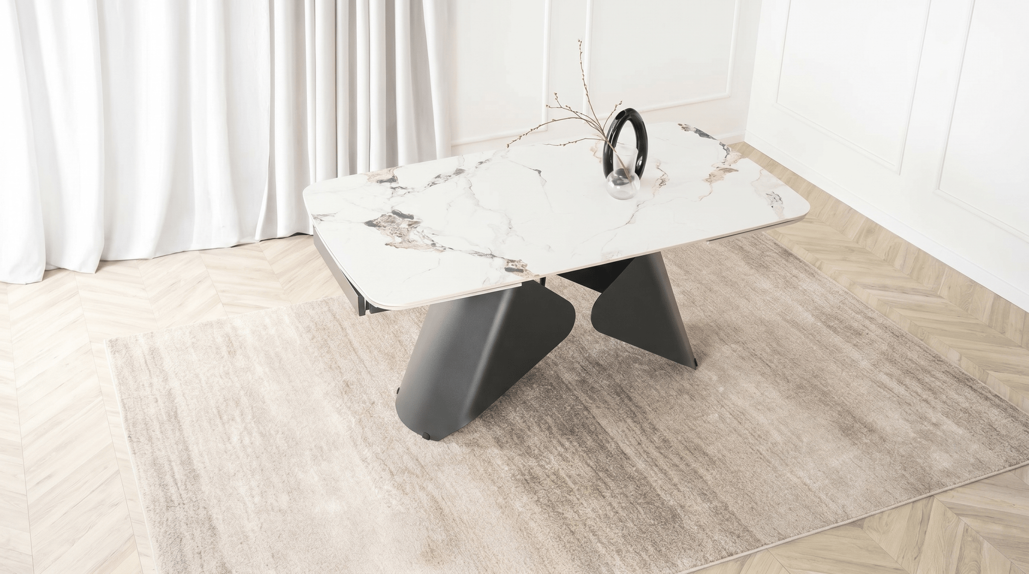 Table à manger extensible VERONA - TRUST INDUSTRIE - Marbre blanc / pieds noir - 