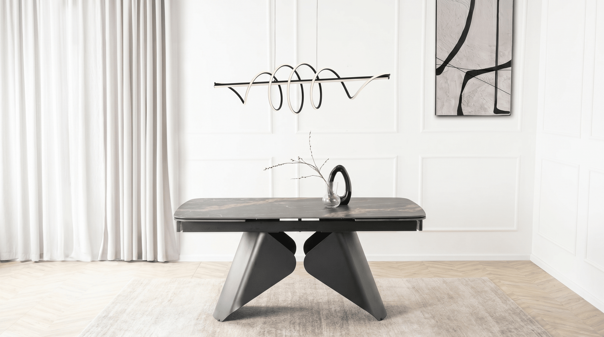 Table à manger extensible VERONA - TRUST INDUSTRIE - Marbre noir / pieds noir - 