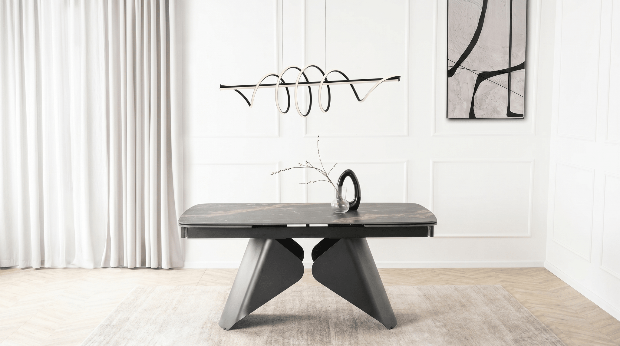 Table à manger extensible VERONA - TRUST INDUSTRIE - Marbre noir / pieds noir - 