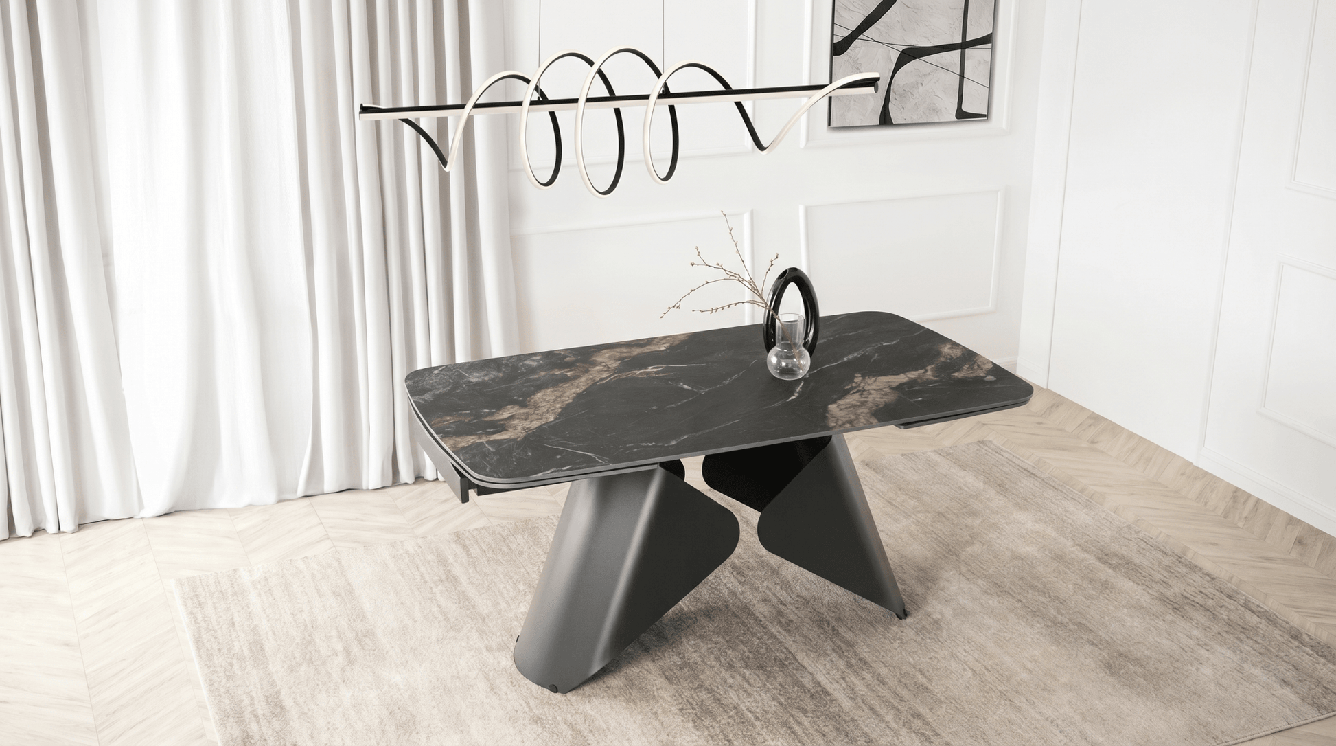 Table à manger extensible VERONA - TRUST INDUSTRIE - Marbre noir / pieds noir - 
