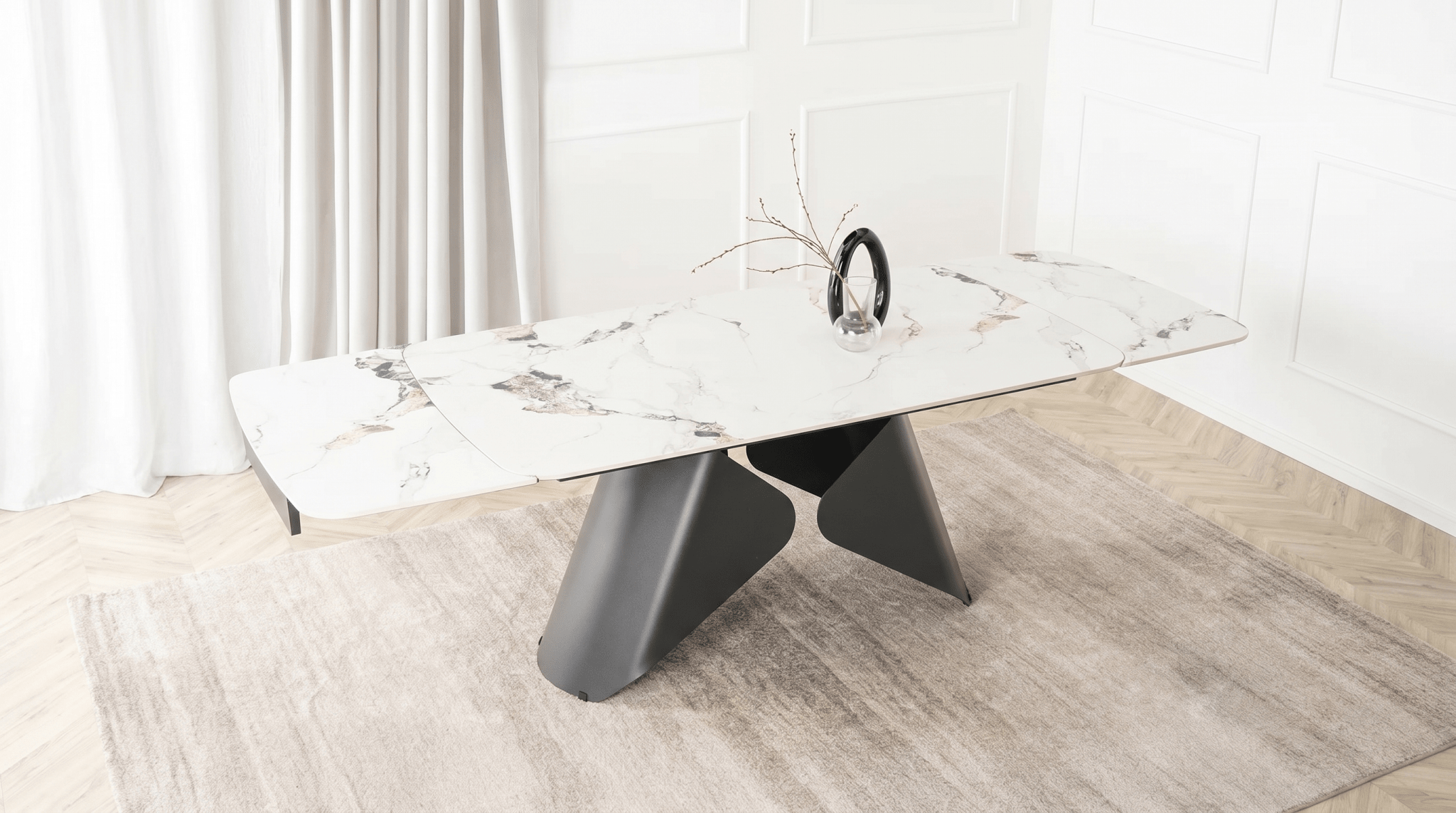 Table à manger extensible VERONA - TRUST INDUSTRIE - Marbre blanc / pieds noir - 