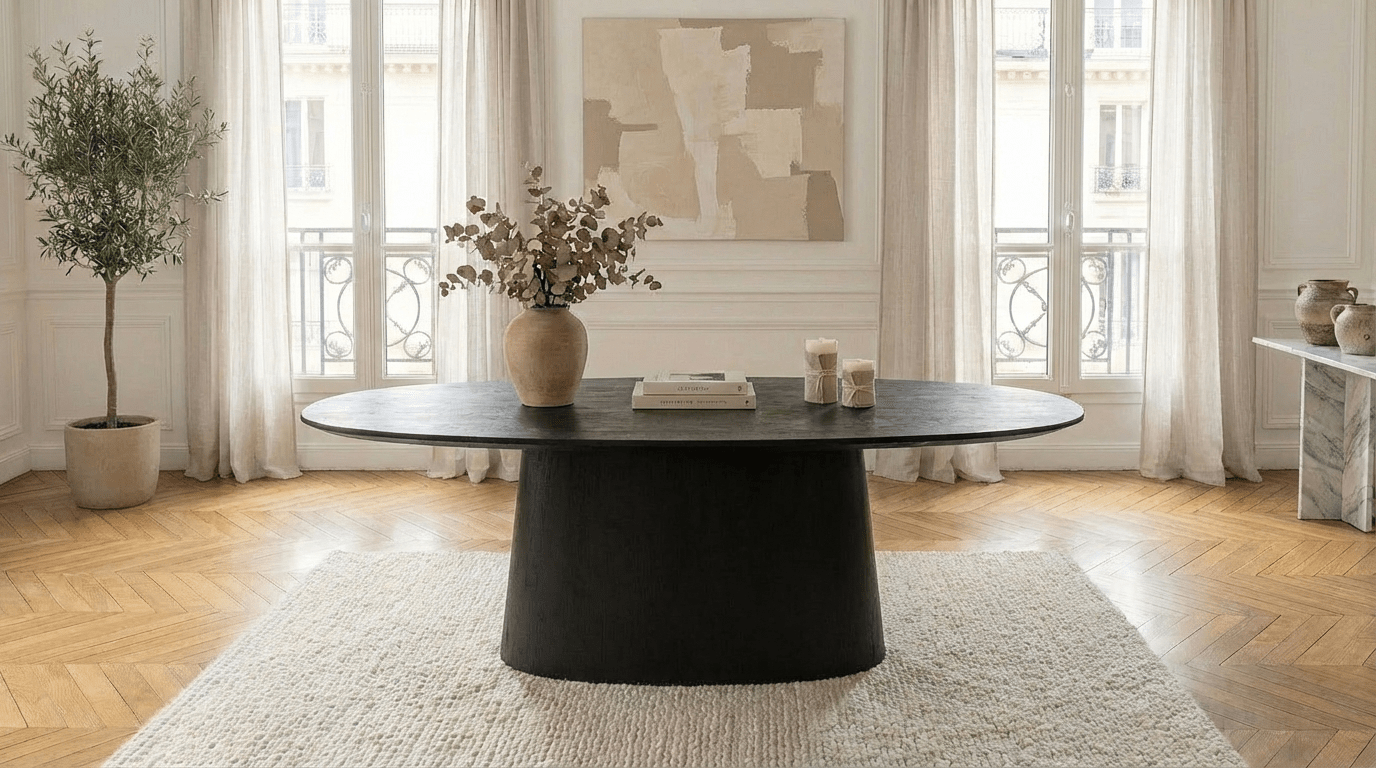 Table à manger ovale ARON pour 8 personnes avec plateau bois et pied central en bois - Trust Industrie - Noir - 