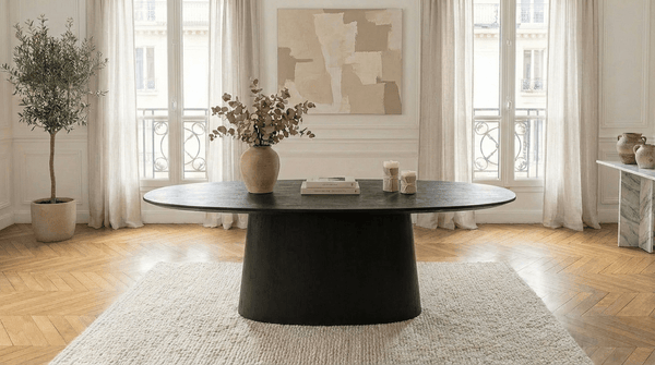 Table à manger ovale ARON pour 8 personnes avec plateau bois et pied central en bois - Trust Industrie - Noir - 