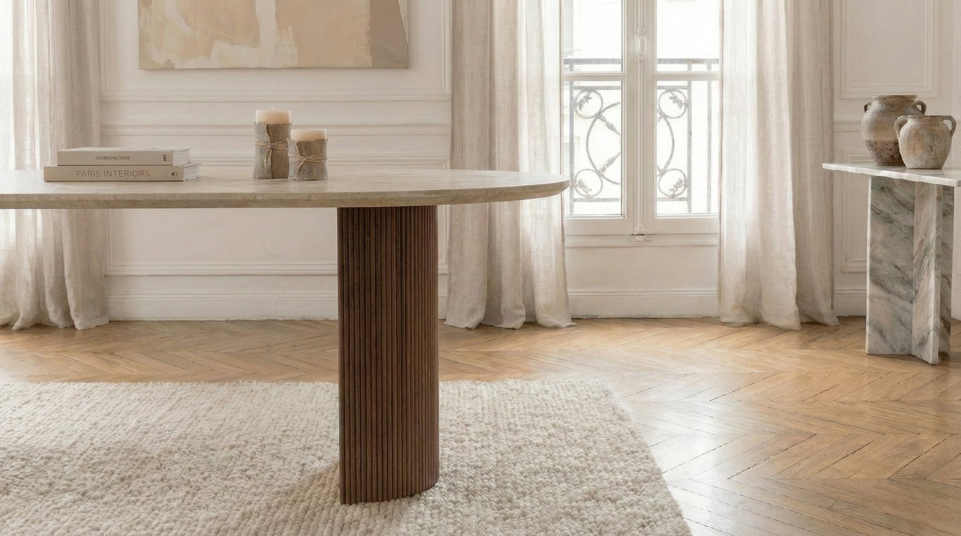 Table à manger ovale CALYPSO avec plateau céramique desin - TRUST INDUSTRIE - bois noyer  - 
